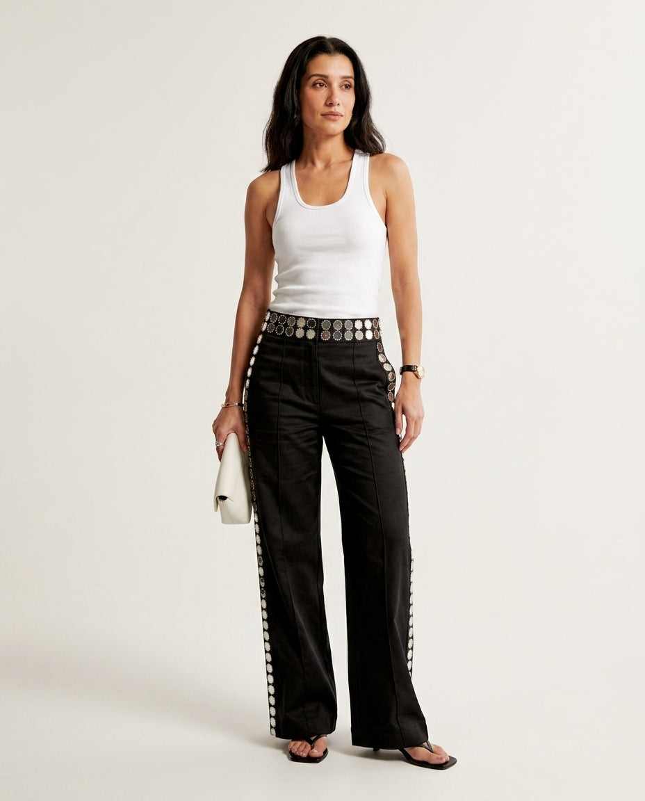 Black Poise Resort Linen Pants Black Pants with Asymmetric silhouette and Linen Blend texture, clean studio product view for Resort Wear, Evening in Amalfi, Euro Chic Premium by rovole