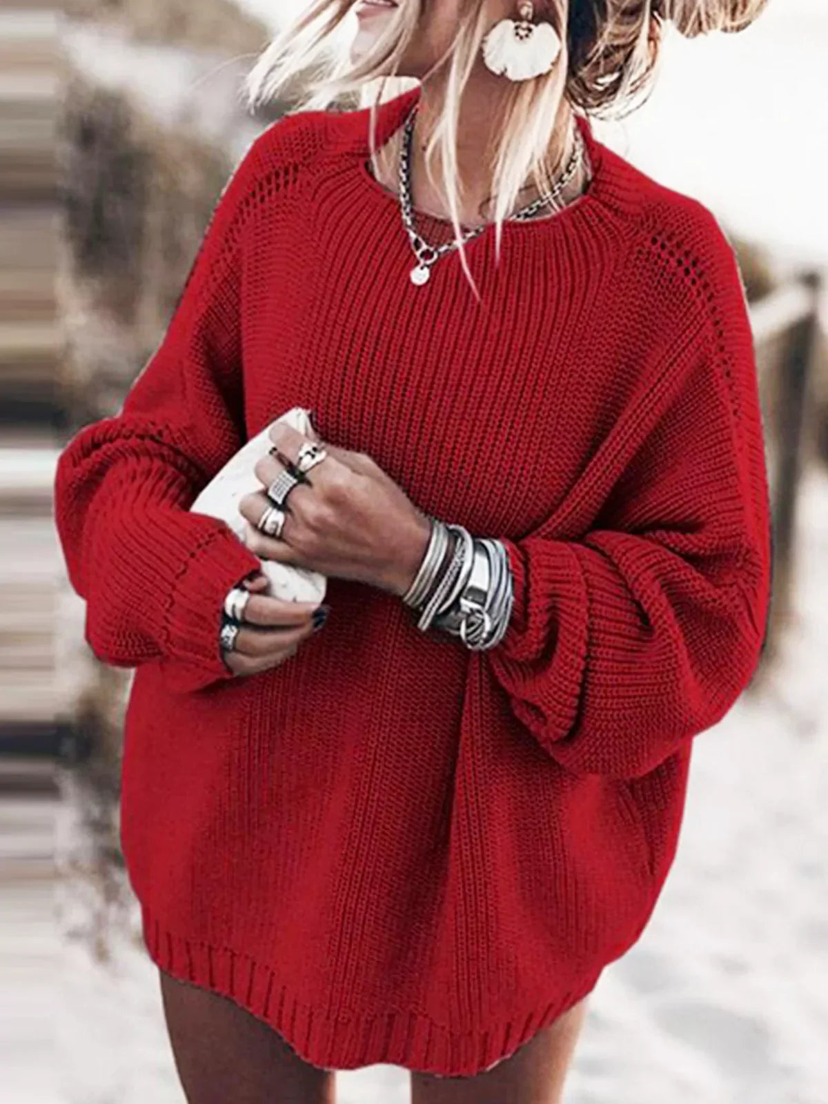 Oversized Knit Batwing Sweater & Ruffled Mini Skirt Set-ROVOLE