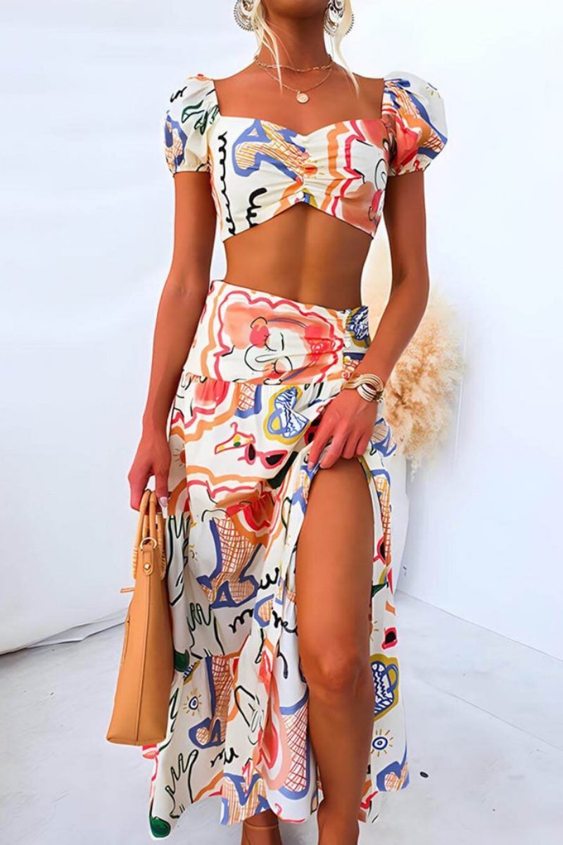 Summer Printed Top And Wrap Skirts Set-ROVOLE