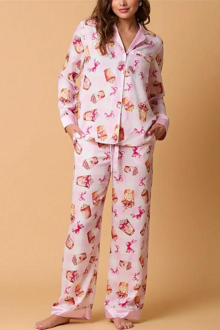 Bowknot Milk Tea Print Pajama Set Long Sleeve Shirt-ROVOLE
