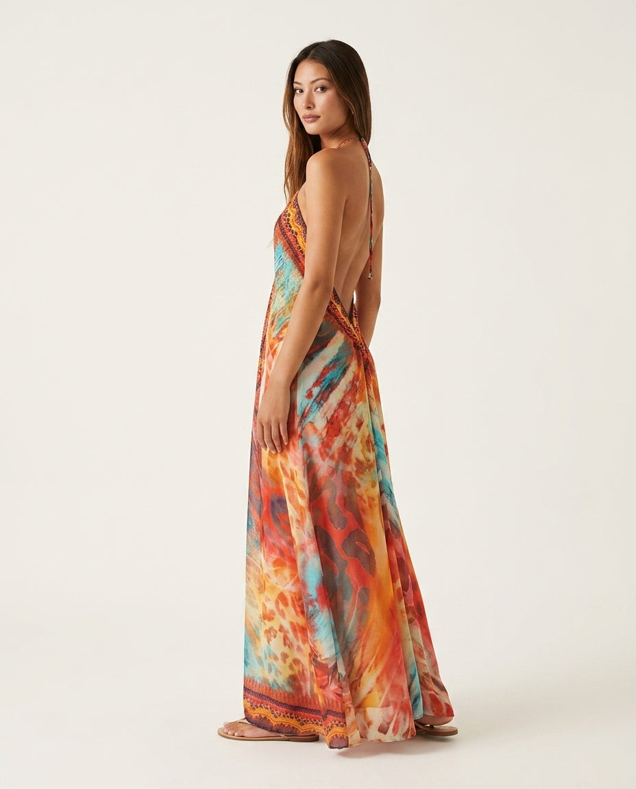 Orange Aura Wedding Guest Abstract Print Maxi Dress Orange Maxi Dress with Relaxed Fit silhouette and Textured texture, side or back garment view for Wedding Guest, Sunset in Malibu, Summer current summer selling: vacation, resort dinner, wedding guest, f by rovole