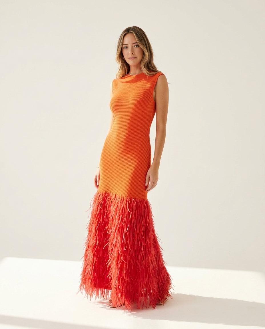 Orange Aura Wedding Guest Ribbed Maxi Dress Orange Maxi Dress with Flowing silhouette and Ribbed Knit texture, side or back garment view for Wedding Guest, Evening in Amalfi, Summer current summer selling: vacation, resort dinner, wedding guest, festival by rovole