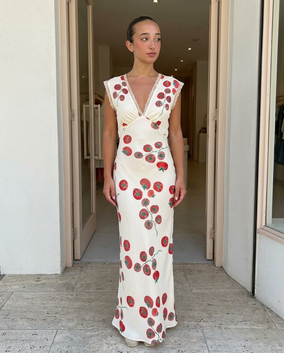 Ivory Reverie Wedding Guest Lace Midi Dress Ivory Midi Dress with Relaxed Fit silhouette and Satin texture, side or back garment view for Wedding Guest, Weekend in The Hamptons, Summer current summer selling: vacation, resort dinner, wedding guest, festiv by rovole