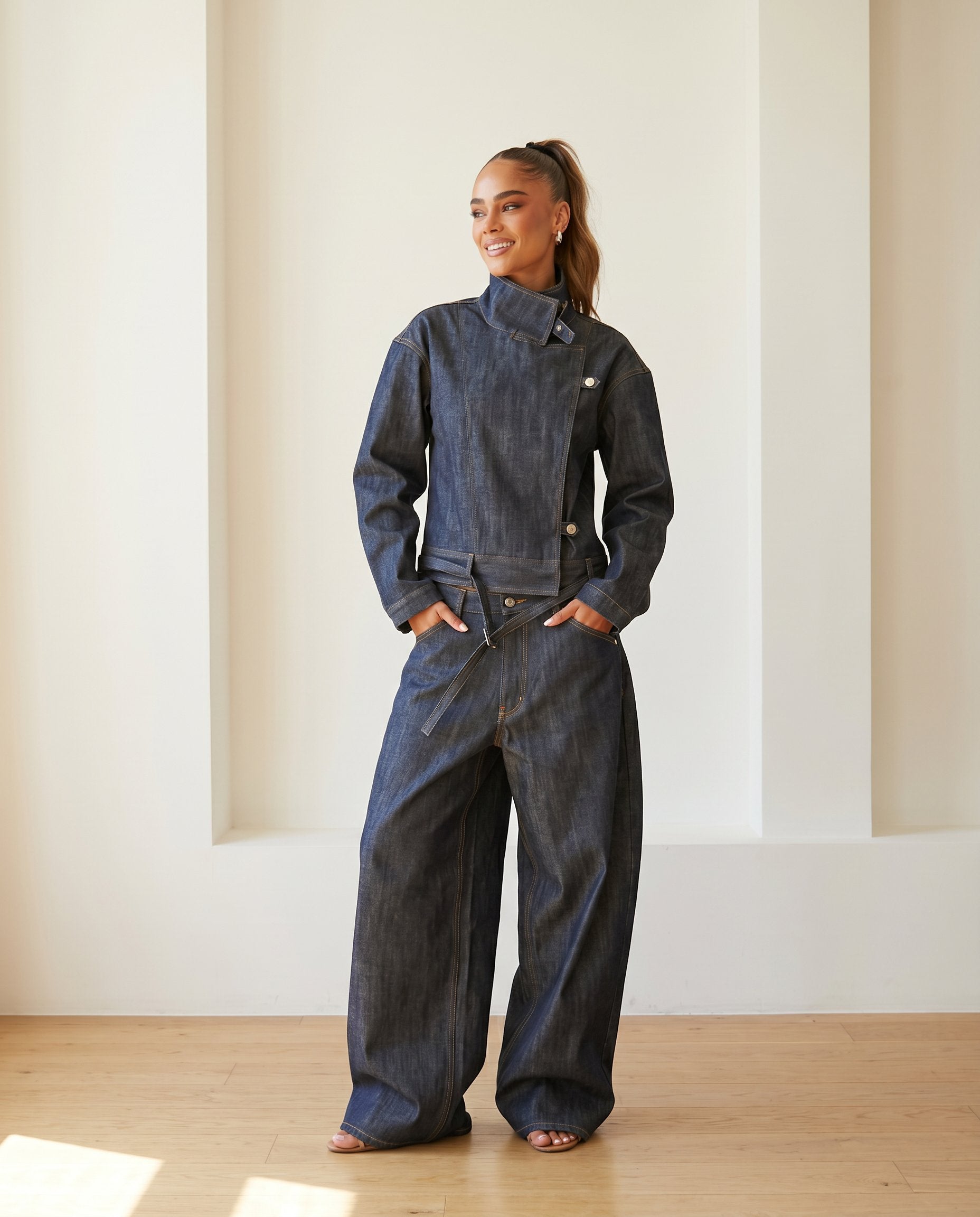 Denim Poise Wedding Guest Jumpsuit Denim Jumpsuit with Asymmetric silhouette and Textured texture, side or back garment view for Wedding Guest, a London dinner reservation, Summer current summer selling: vacation, resort dinner, wedding guest, festival we by rovole