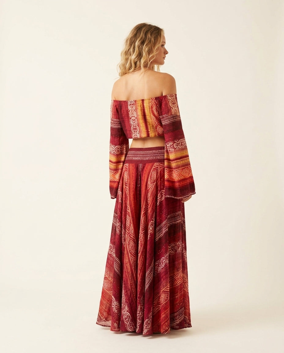 Red Muse Wedding Guest Printed Skirt Set Red Skirt Set with Cropped silhouette and Textured texture, side or back garment view for Wedding Guest, Brunch in SoHo, Summer current summer selling: vacation, resort dinner, wedding guest, festival weekends, and by rovole