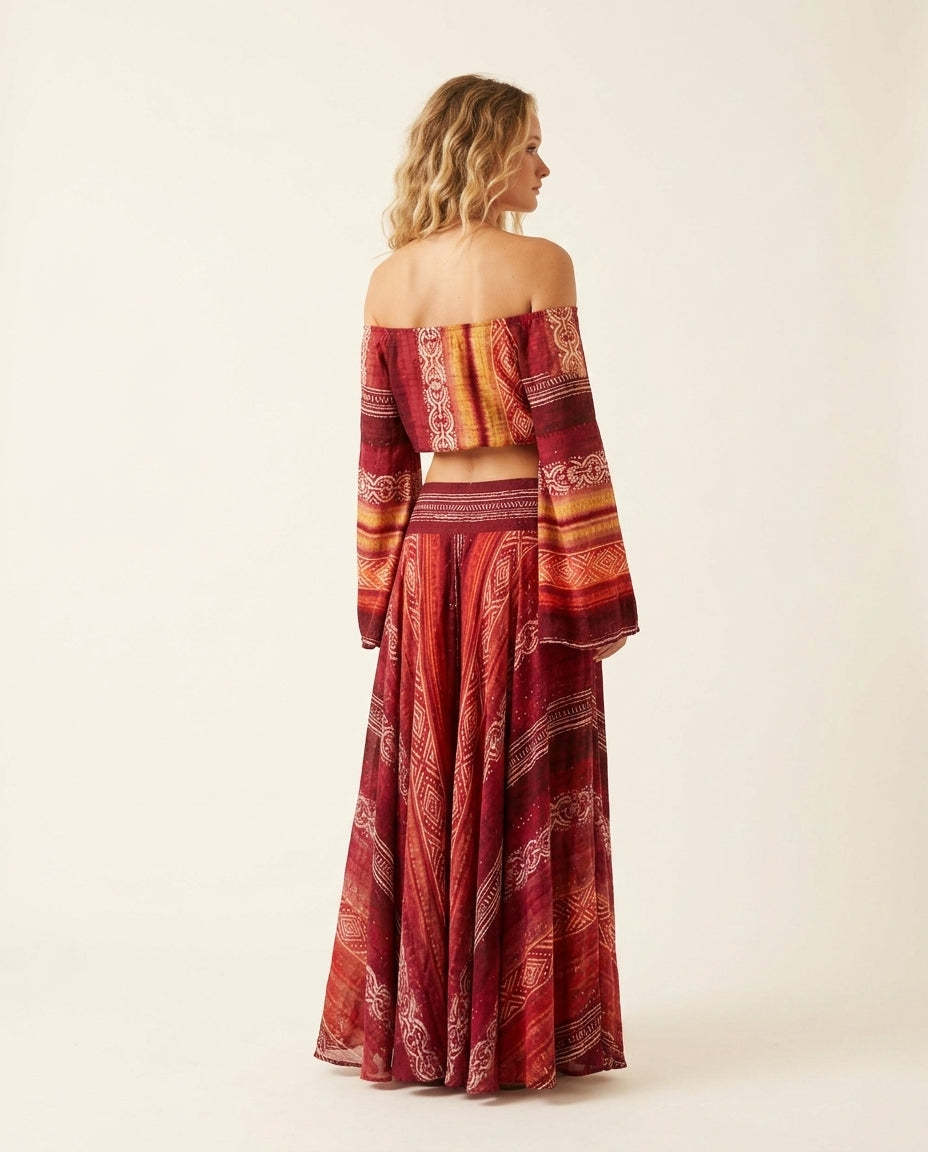 Red Muse Wedding Guest Printed Skirt Set Red Skirt Set with Cropped silhouette and Textured texture, side or back garment view for Wedding Guest, Brunch in SoHo, Summer current summer selling: vacation, resort dinner, wedding guest, festival weekends, and by rovole
