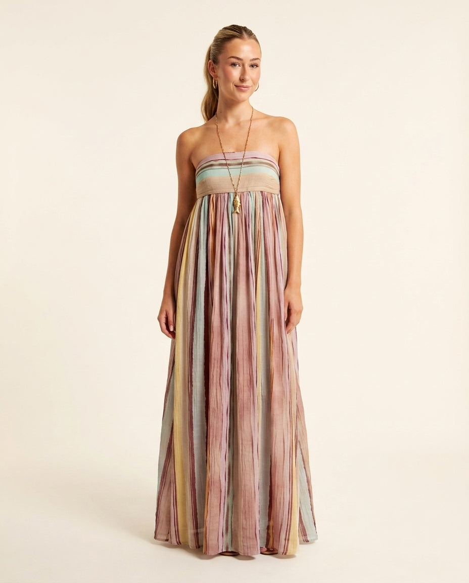 Pink Muse Wedding Guest Striped Maxi Dress Pink Maxi Dress with Relaxed Fit silhouette and Textured texture, side or back garment view for Wedding Guest, a polished coastal brunch, Summer current summer selling: vacation, resort dinner, wedding guest, fes by rovole