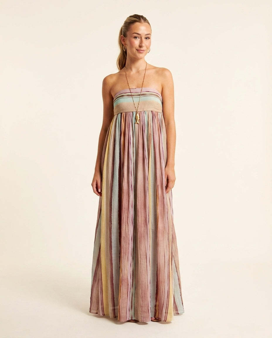 Pink Muse Wedding Guest Striped Maxi Dress Pink Maxi Dress with Relaxed Fit silhouette and Textured texture, side or back garment view for Wedding Guest, a polished coastal brunch, Summer current summer selling: vacation, resort dinner, wedding guest, fes by rovole