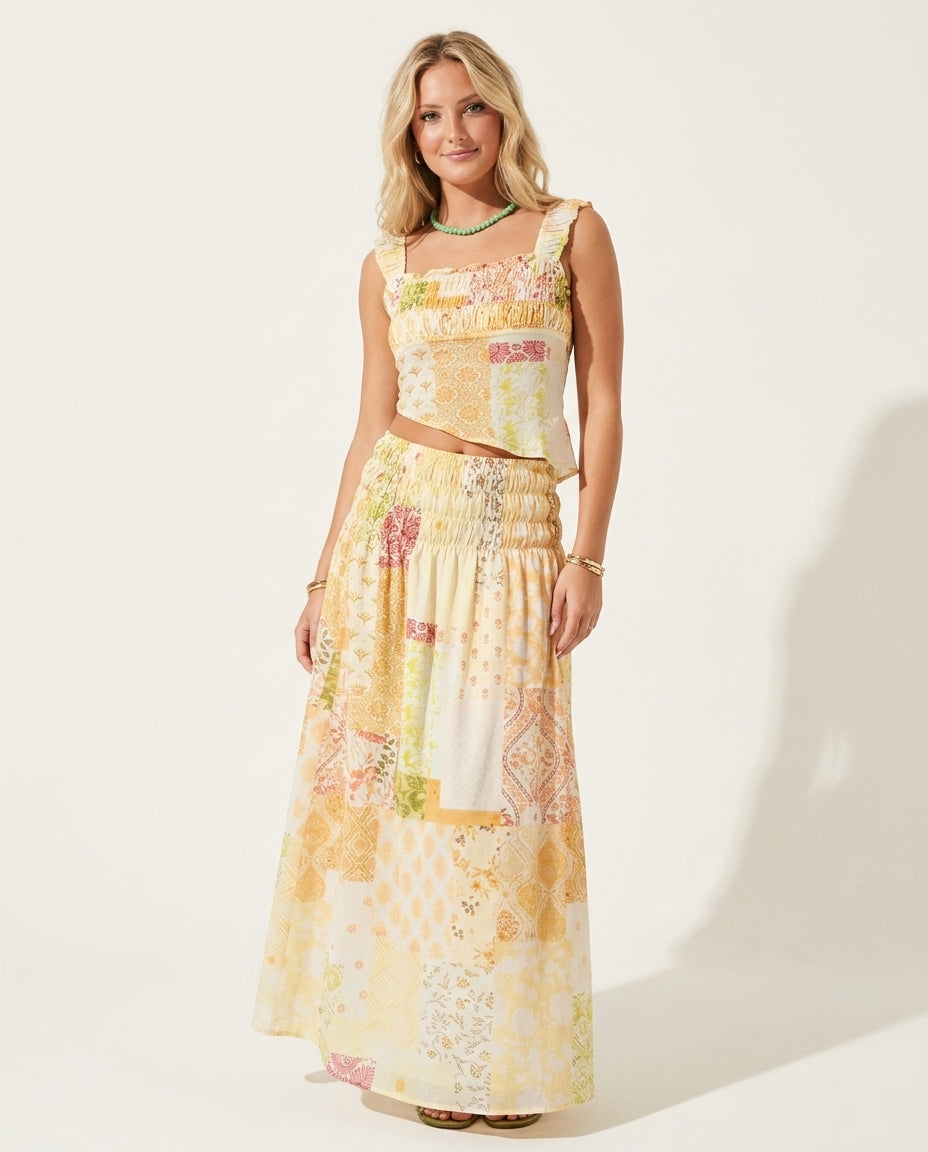 Butter Yellow Lustre Wedding Guest Smocked Skirt Set Butter Yellow Skirt Set with Cropped silhouette and Textured texture, side or back garment view for Wedding Guest, a polished coastal brunch, Summer current summer selling: vacation, resort dinner, wedd by rovole