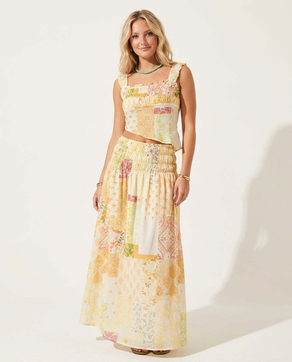 Butter Yellow Lustre Wedding Guest Smocked Skirt Set Butter Yellow Skirt Set with Cropped silhouette and Textured texture, side or back garment view for Wedding Guest, a polished coastal brunch, Summer current summer selling: vacation, resort dinner, wedd by rovole