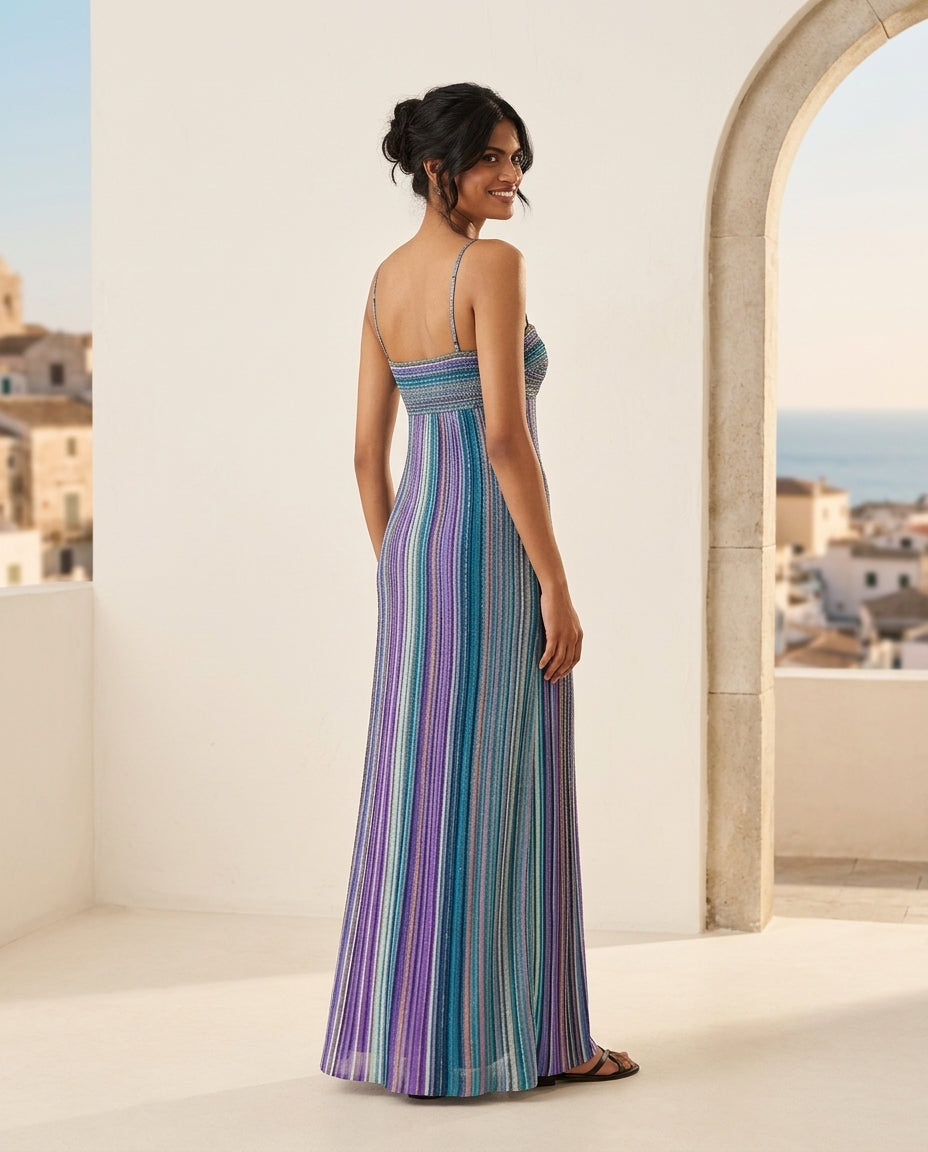 Blue Velvet Wedding Guest Striped Maxi Dress Blue Maxi Dress with Flowing silhouette and Ribbed Knit texture, side or back garment view for Wedding Guest, a rooftop dinner in LA, Summer current summer selling: vacation, resort dinner, wedding guest, festi by rovole