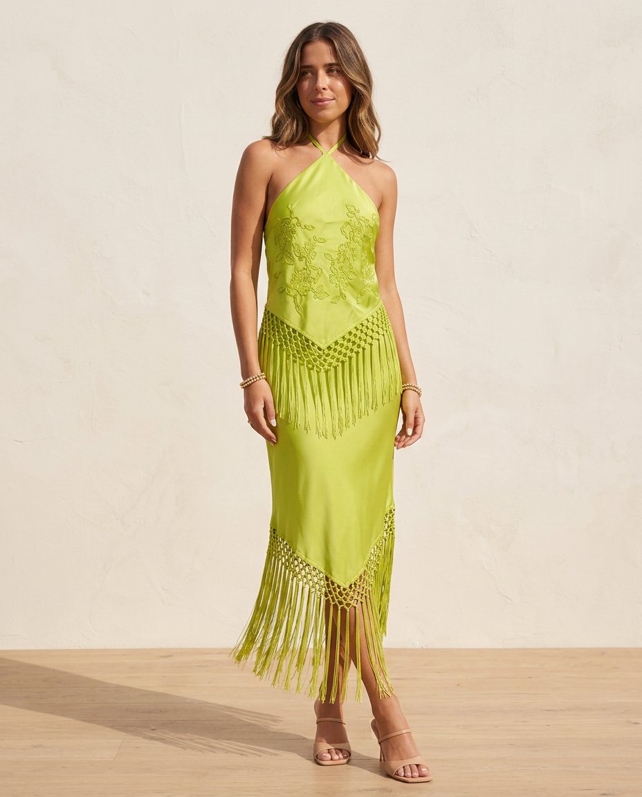 Lime Green Grace Wedding Guest Embroidered Maxi Dress Lime Green Maxi Dress with Flowing silhouette and Satin texture, side or back garment view for Wedding Guest, a rooftop dinner in LA, Summer current summer selling: vacation, resort dinner, wedding gue by rovole