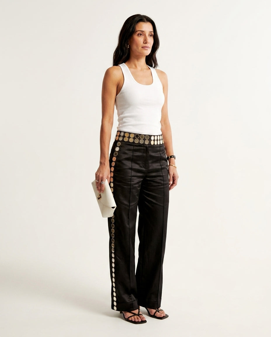 Black Poise Resort Linen Pants Black Pants with Asymmetric silhouette and Linen Blend texture, side or back garment view for Resort Wear, Evening in Amalfi, Euro Chic Premium by rovole