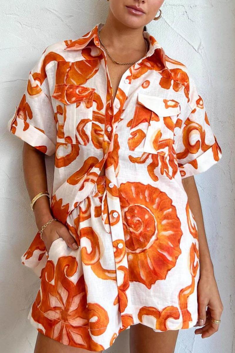 Unique Printed Shorts Lapel Loose Shirt Set-ROVOLE