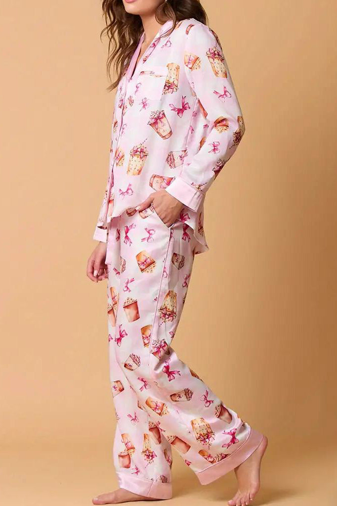 Bowknot Milk Tea Print Pajama Set Long Sleeve Shirt-ROVOLE