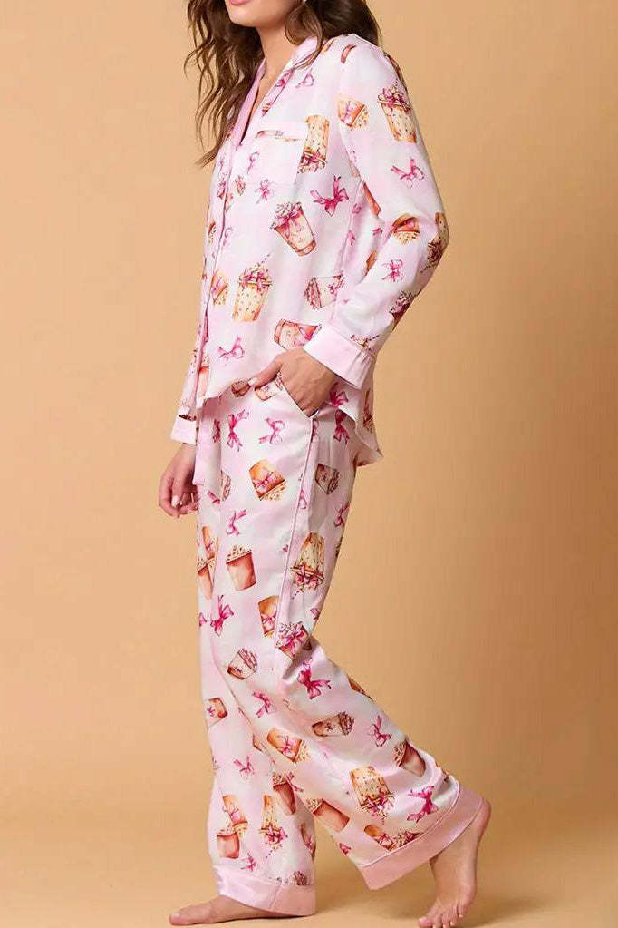 Bowknot Milk Tea Print Pajama Set Long Sleeve Shirt-ROVOLE