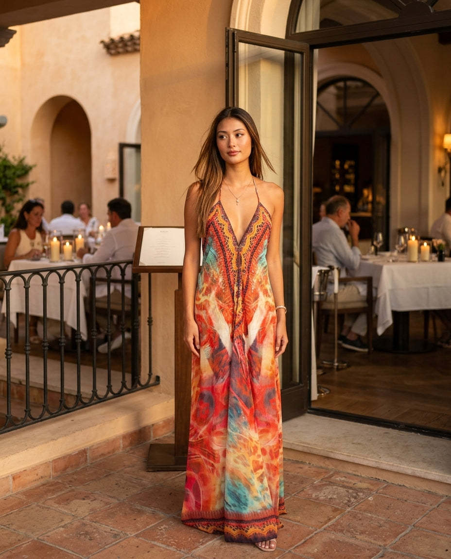 Orange Aura Wedding Guest Abstract Print Maxi Dress Orange Maxi Dress with Relaxed Fit silhouette and Textured texture, lifestyle scene image for Wedding Guest, Sunset in Malibu, Summer current summer selling: vacation, resort dinner, wedding guest, festi by rovole