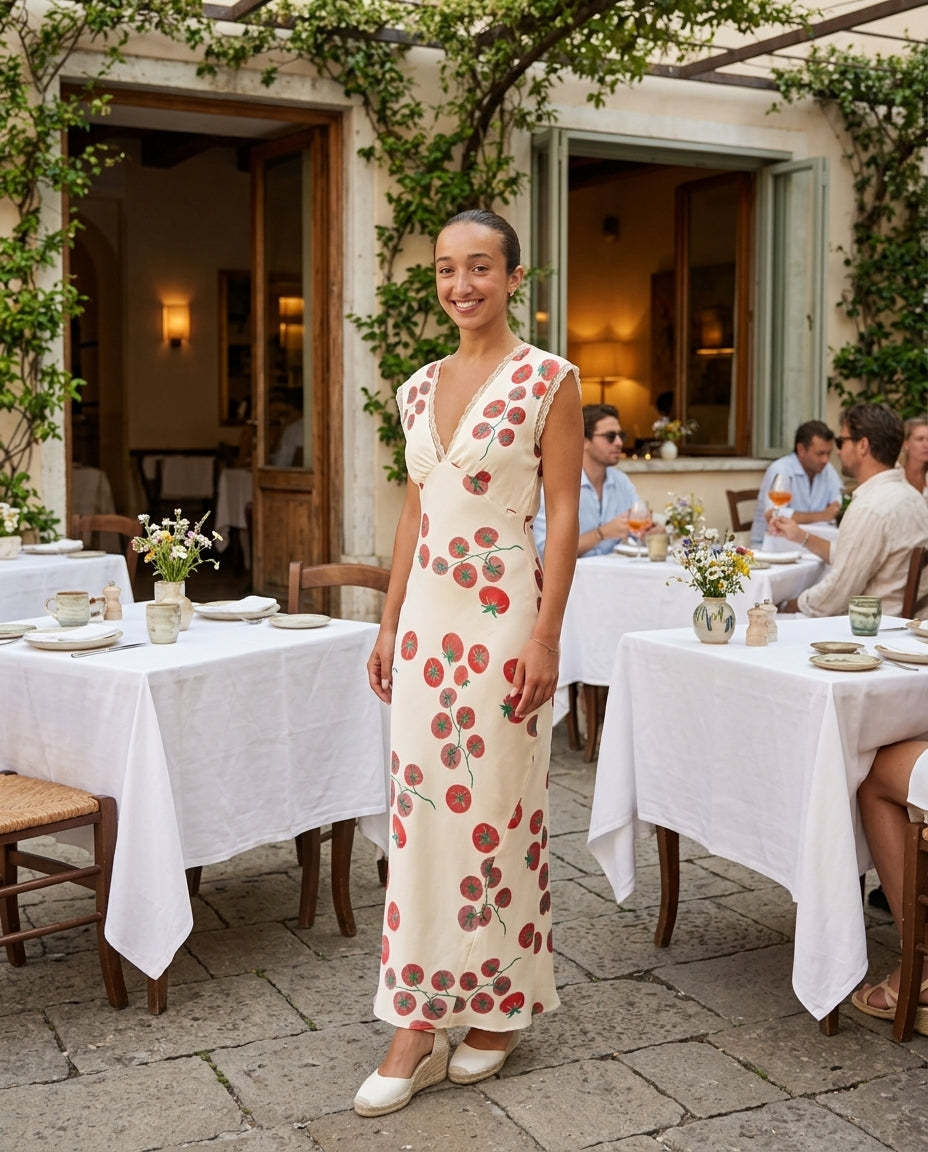 Ivory Reverie Wedding Guest Lace Midi Dress Ivory Midi Dress with Relaxed Fit silhouette and Satin texture, lifestyle scene image for Wedding Guest, Weekend in The Hamptons, Summer current summer selling: vacation, resort dinner, wedding guest, festival w by rovole