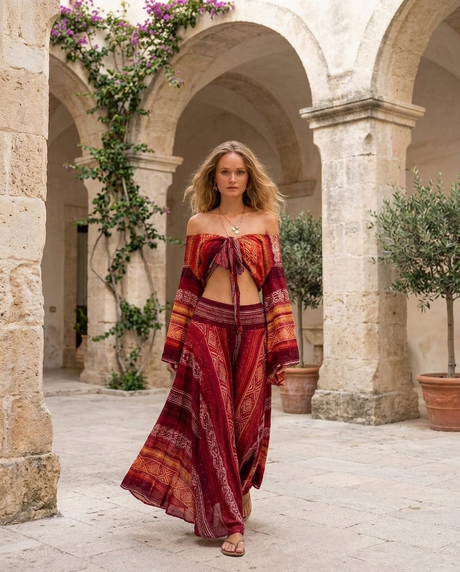 Red Muse Wedding Guest Printed Skirt Set Red Skirt Set with Cropped silhouette and Textured texture, lifestyle scene image for Wedding Guest, Brunch in SoHo, Summer current summer selling: vacation, resort dinner, wedding guest, festival weekends, and war by rovole