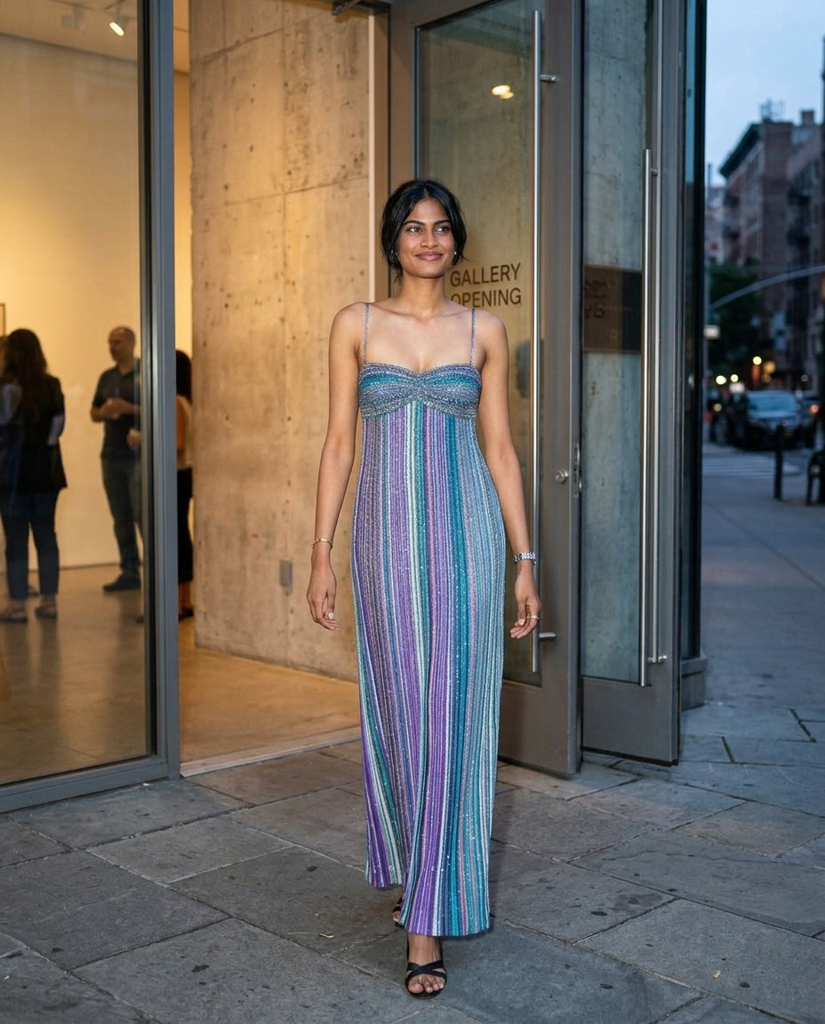 Blue Velvet Wedding Guest Striped Maxi Dress Blue Maxi Dress with Flowing silhouette and Ribbed Knit texture, lifestyle scene image for Wedding Guest, a rooftop dinner in LA, Summer current summer selling: vacation, resort dinner, wedding guest, festival by rovole