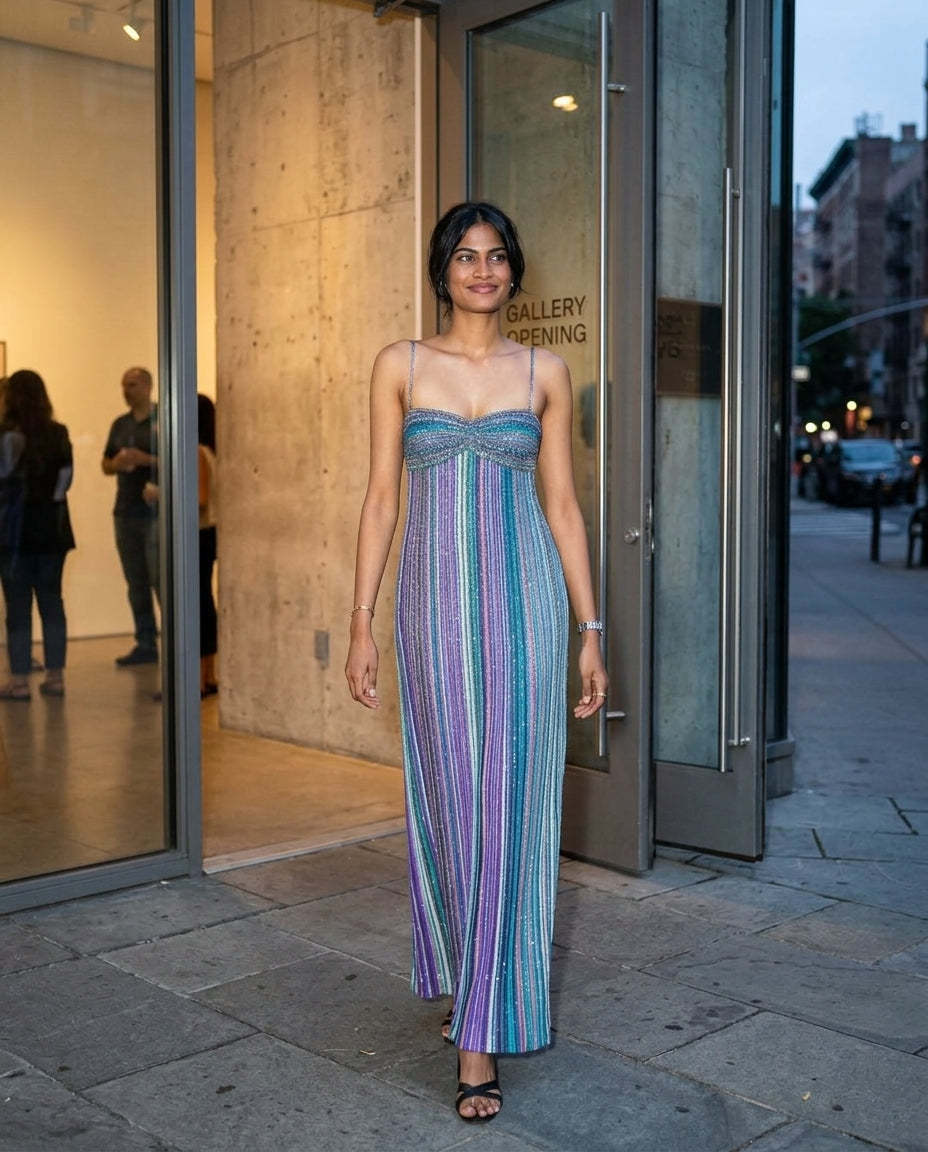 Blue Velvet Wedding Guest Striped Maxi Dress Blue Maxi Dress with Flowing silhouette and Ribbed Knit texture, lifestyle scene image for Wedding Guest, a rooftop dinner in LA, Summer current summer selling: vacation, resort dinner, wedding guest, festival by rovole