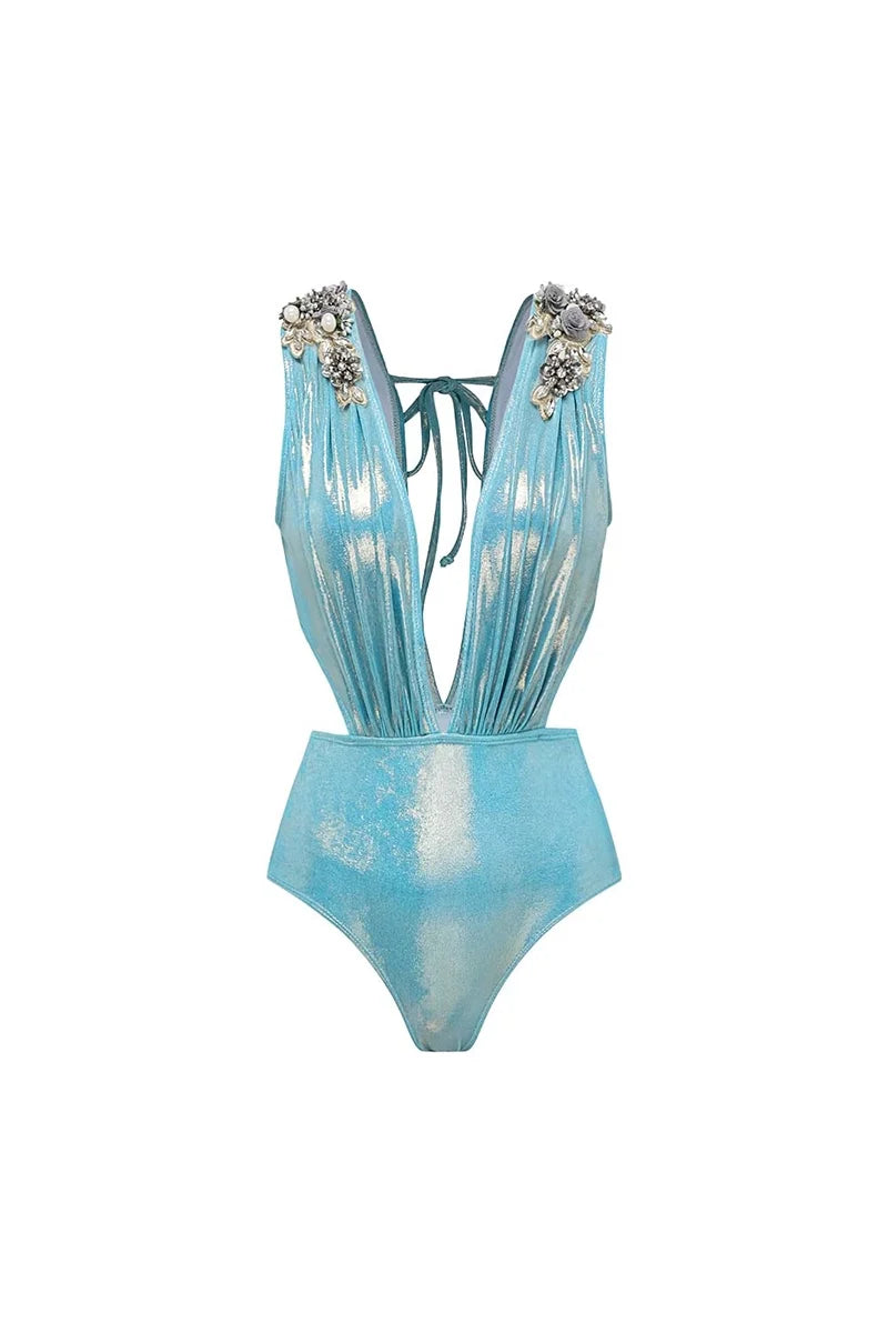 3D Butterfly Blue Glossy Swimsuit Set-ROVOLE