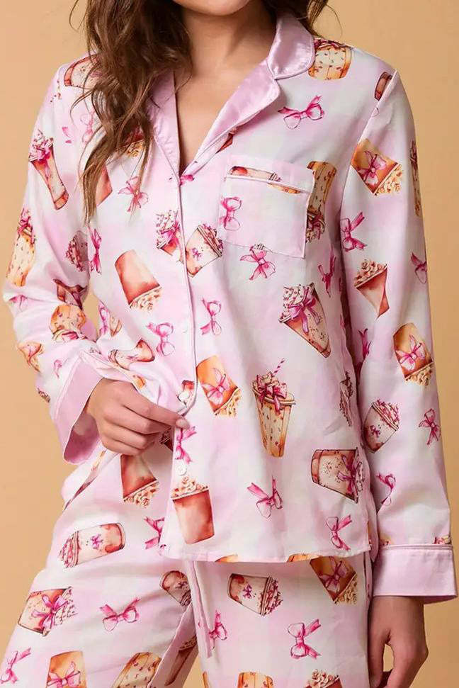 Bowknot Milk Tea Print Pajama Set Long Sleeve Shirt-ROVOLE
