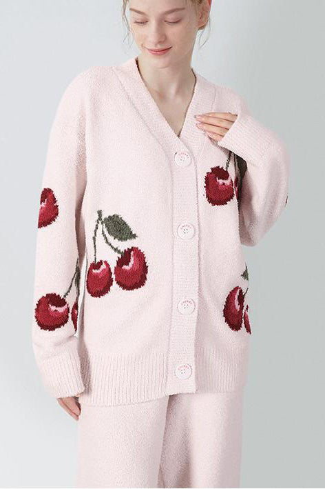 Soft Half Velvet Cherry Cardigan Pajama Set-ROVOLE