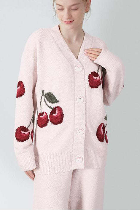 Soft Half Velvet Cherry Cardigan Pajama Set-ROVOLE