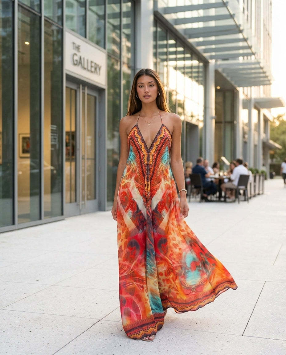 Orange Aura Wedding Guest Abstract Print Maxi Dress Orange Maxi Dress with Relaxed Fit silhouette and Textured texture, outdoor styling image for Wedding Guest, Sunset in Malibu, Summer current summer selling: vacation, resort dinner, wedding guest, festi by rovole