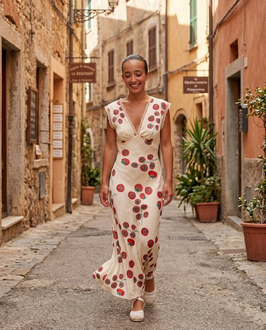 Ivory Reverie Wedding Guest Lace Midi Dress Ivory Midi Dress with Relaxed Fit silhouette and Satin texture, outdoor styling image for Wedding Guest, Weekend in The Hamptons, Summer current summer selling: vacation, resort dinner, wedding guest, festival w by rovole