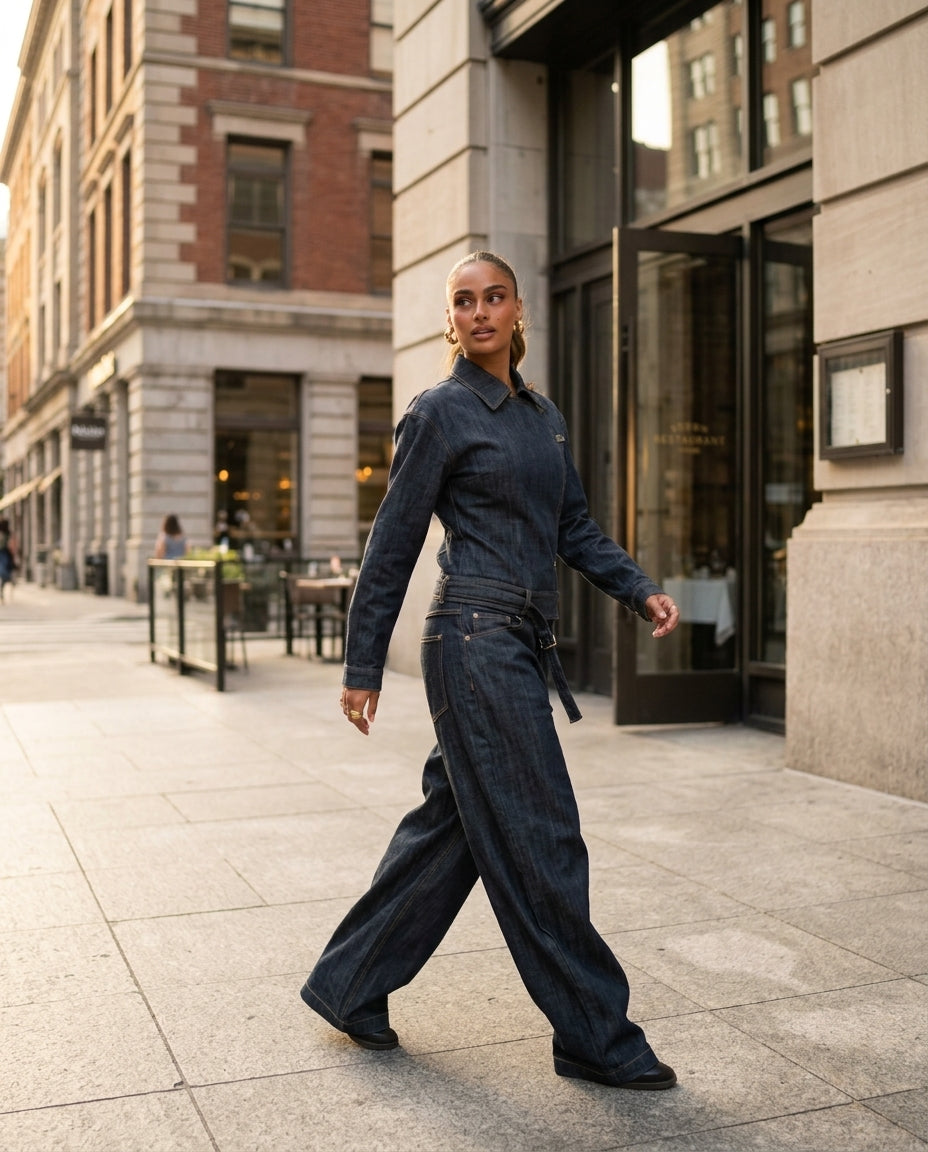 Denim Poise Wedding Guest Jumpsuit Denim Jumpsuit with Asymmetric silhouette and Textured texture, outdoor styling image for Wedding Guest, a London dinner reservation, Summer current summer selling: vacation, resort dinner, wedding guest, festival weeken by rovole