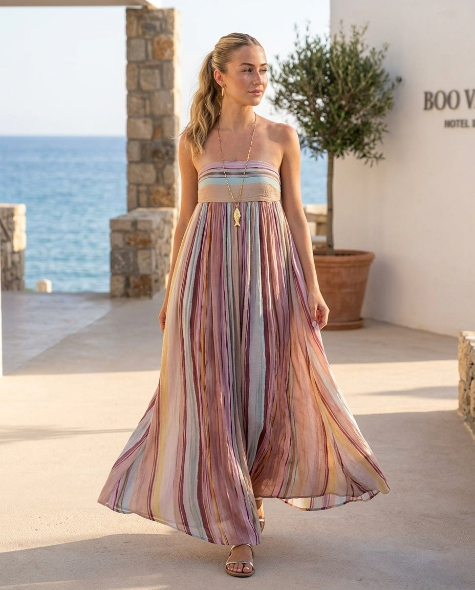 Pink Muse Wedding Guest Striped Maxi Dress Pink Maxi Dress with Relaxed Fit silhouette and Textured texture, outdoor styling image for Wedding Guest, a polished coastal brunch, Summer current summer selling: vacation, resort dinner, wedding guest, festiva by rovole