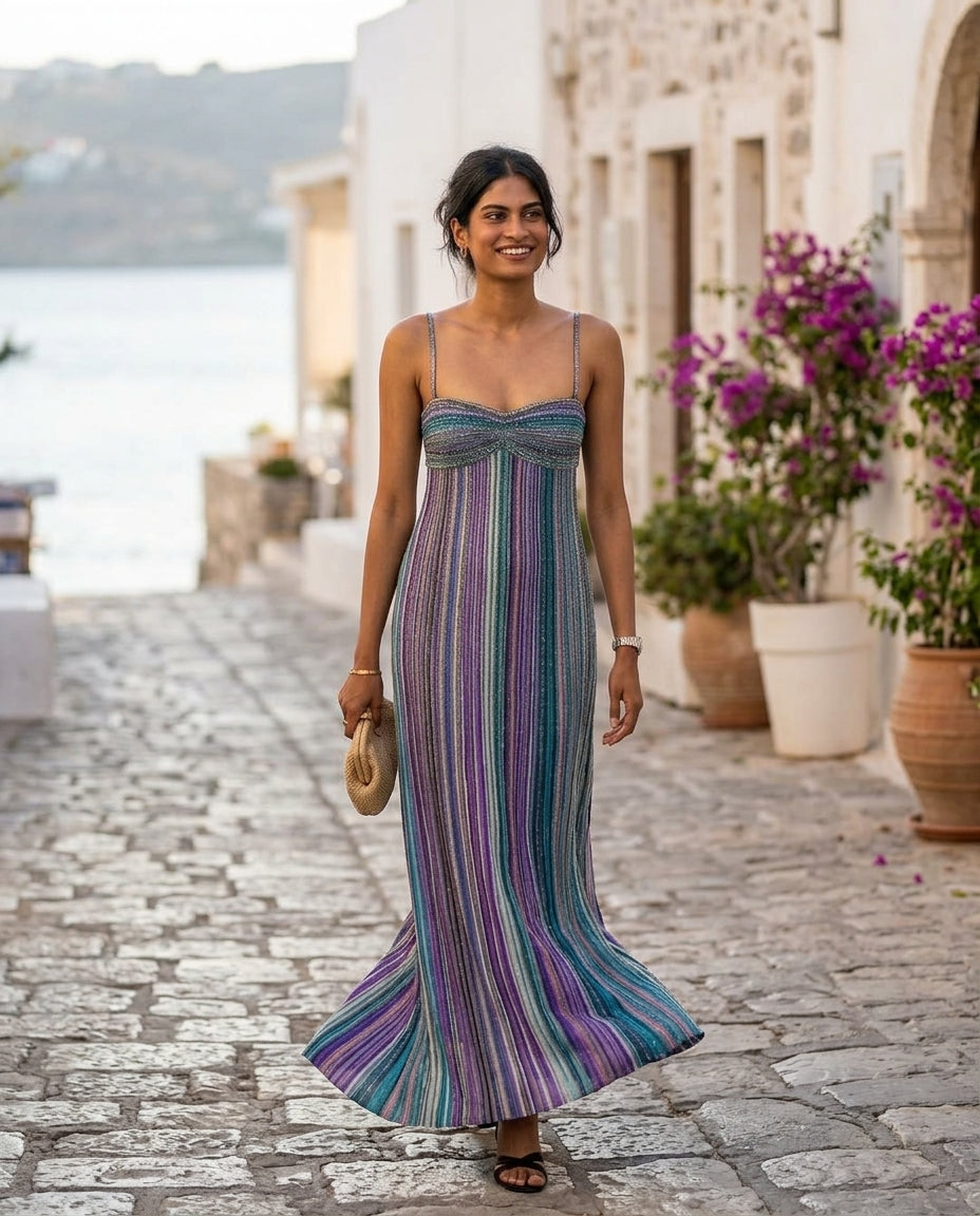 Blue Velvet Wedding Guest Striped Maxi Dress Blue Maxi Dress with Flowing silhouette and Ribbed Knit texture, outdoor styling image for Wedding Guest, a rooftop dinner in LA, Summer current summer selling: vacation, resort dinner, wedding guest, festival by rovole