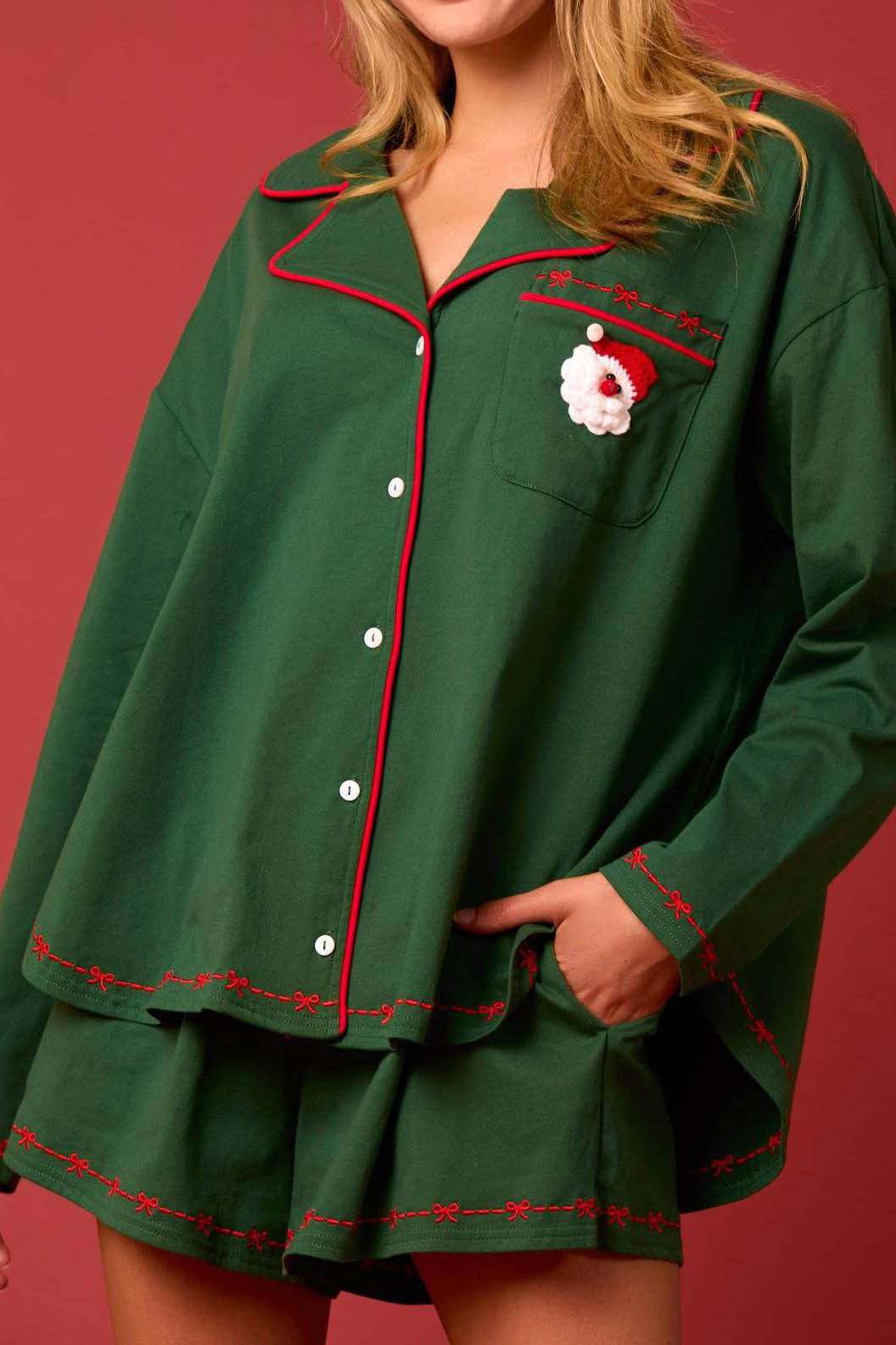 Santa Claus Long Sleeve Shirt Shorts Pajama Set-ROVOLE