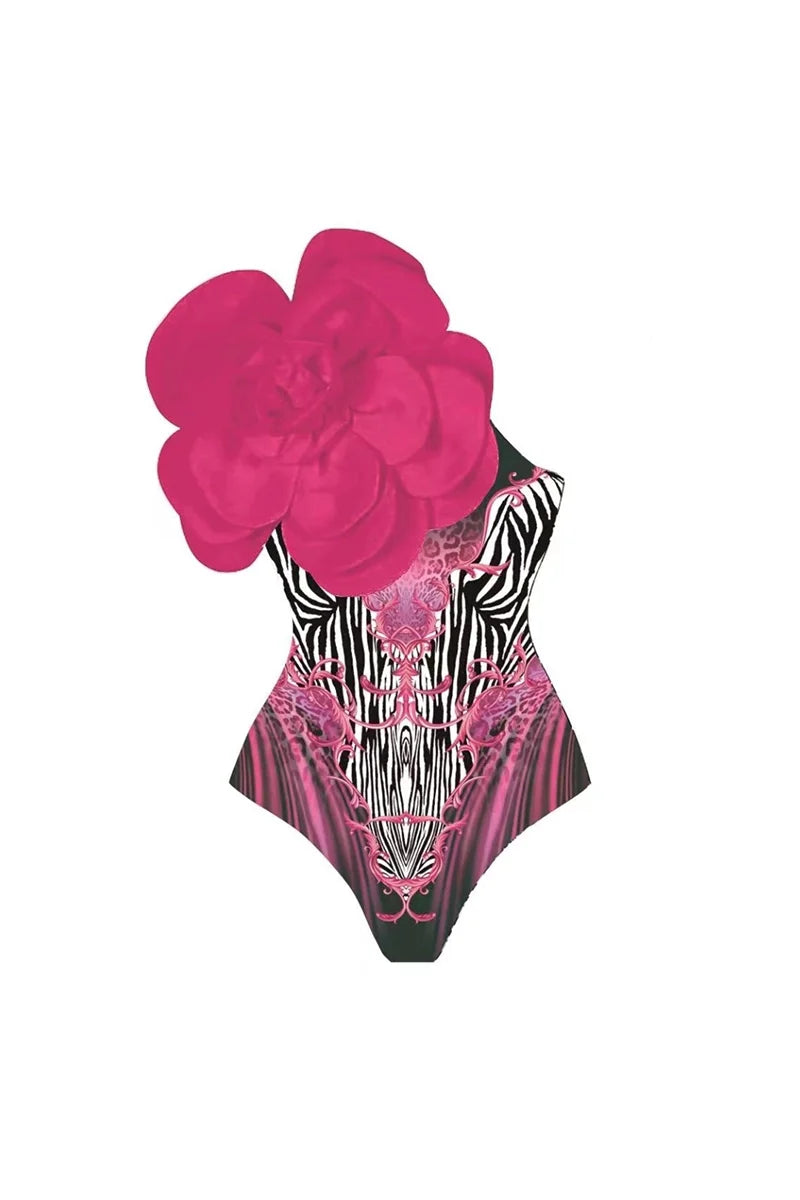 Magenta Floral Print 3D Flower Swimsuit-ROVOLE