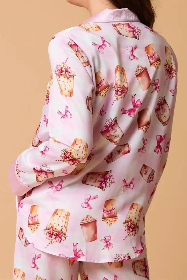 Bowknot Milk Tea Print Pajama Set Long Sleeve Shirt-ROVOLE