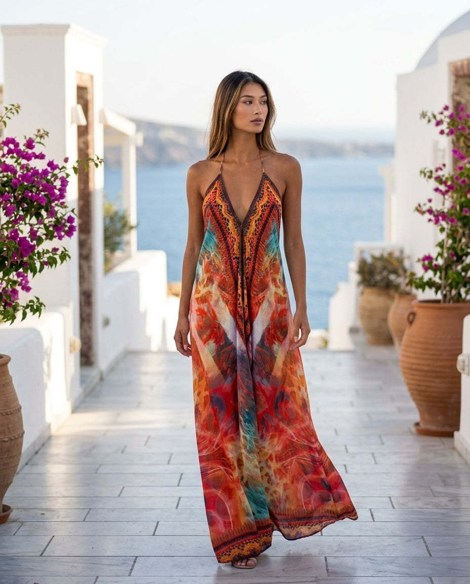 Orange Aura Wedding Guest Abstract Print Maxi Dress Orange Maxi Dress with Relaxed Fit silhouette and Textured texture, editorial ecommerce scene for Wedding Guest, Sunset in Malibu, Summer current summer selling: vacation, resort dinner, wedding guest, f by rovole
