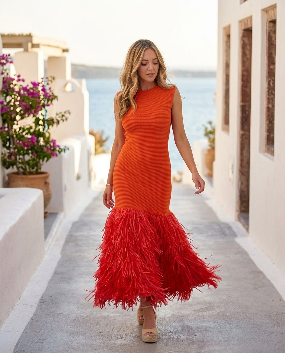 Orange Aura Wedding Guest Ribbed Maxi Dress Orange Maxi Dress with Flowing silhouette and Ribbed Knit texture, editorial ecommerce scene for Wedding Guest, Evening in Amalfi, Summer current summer selling: vacation, resort dinner, wedding guest, festival by rovole