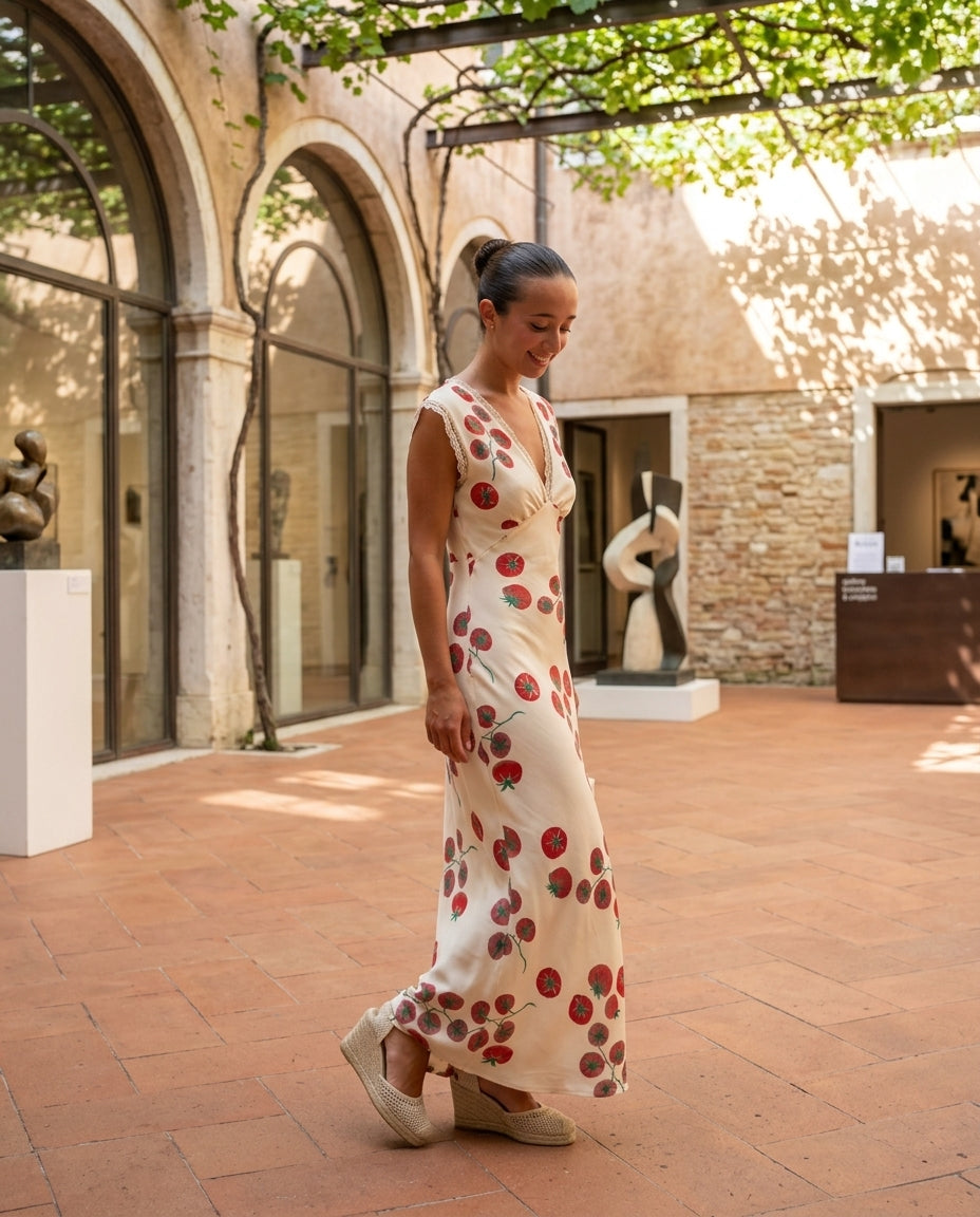 Ivory Reverie Wedding Guest Lace Midi Dress Ivory Midi Dress with Relaxed Fit silhouette and Satin texture, editorial ecommerce scene for Wedding Guest, Weekend in The Hamptons, Summer current summer selling: vacation, resort dinner, wedding guest, festiv by rovole