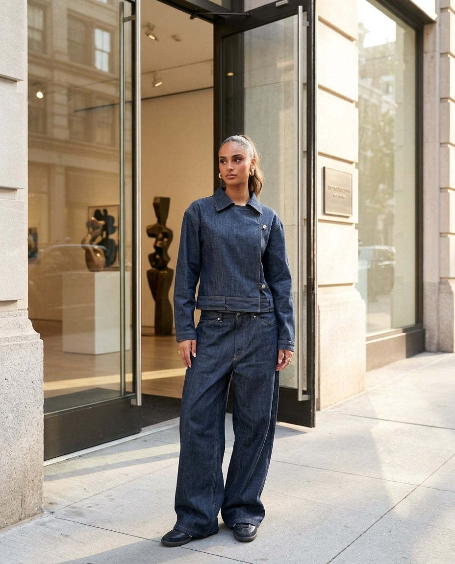 Denim Poise Wedding Guest Jumpsuit Denim Jumpsuit with Asymmetric silhouette and Textured texture, editorial ecommerce scene for Wedding Guest, a London dinner reservation, Summer current summer selling: vacation, resort dinner, wedding guest, festival we by rovole