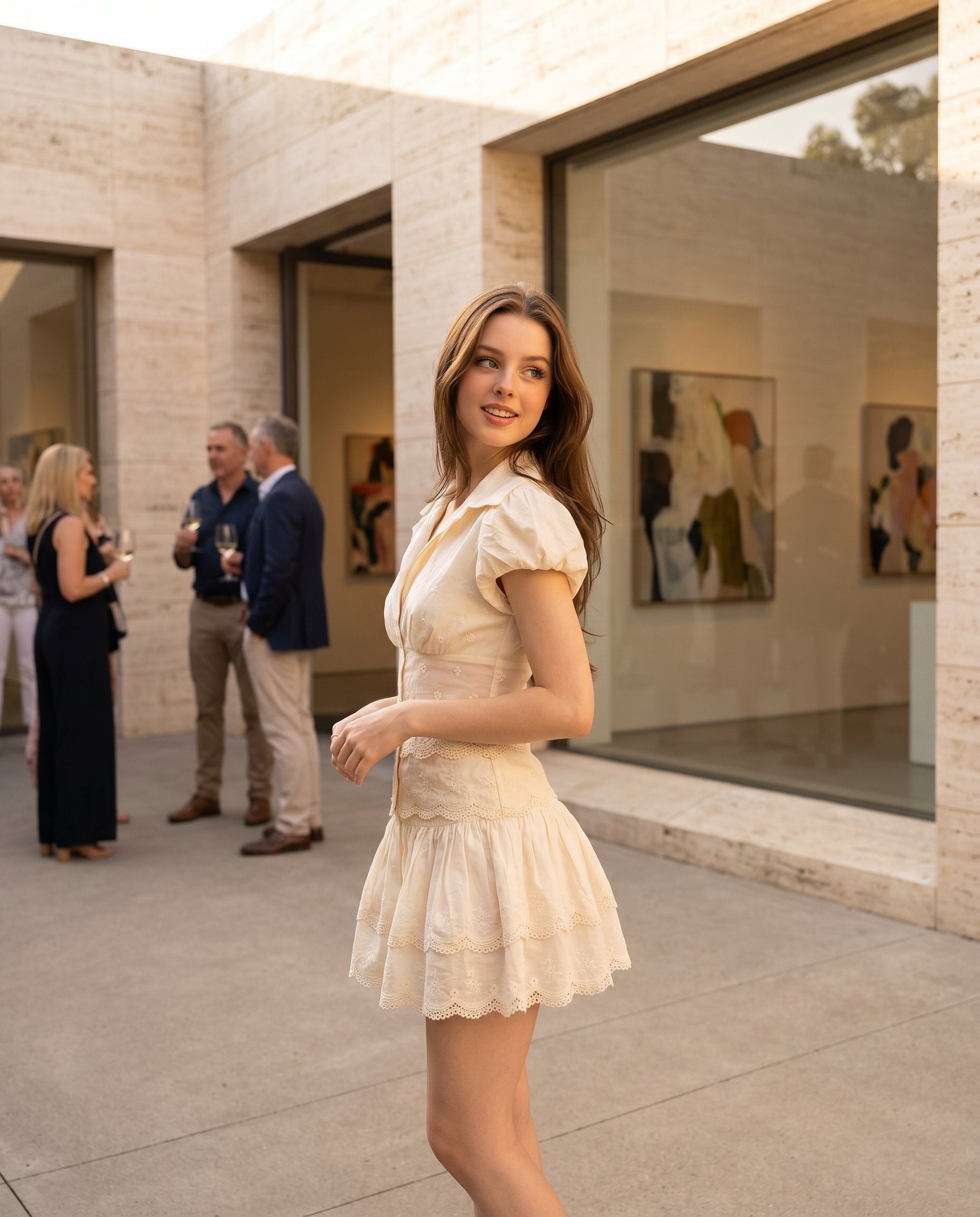 Ivory Gleam Wedding Guest Lace Mini Dress Ivory Mini Dress with Cropped silhouette and Textured texture, editorial ecommerce scene for Wedding Guest, a polished coastal brunch, Summer current summer selling: vacation, resort dinner, wedding guest, festiva by rovole