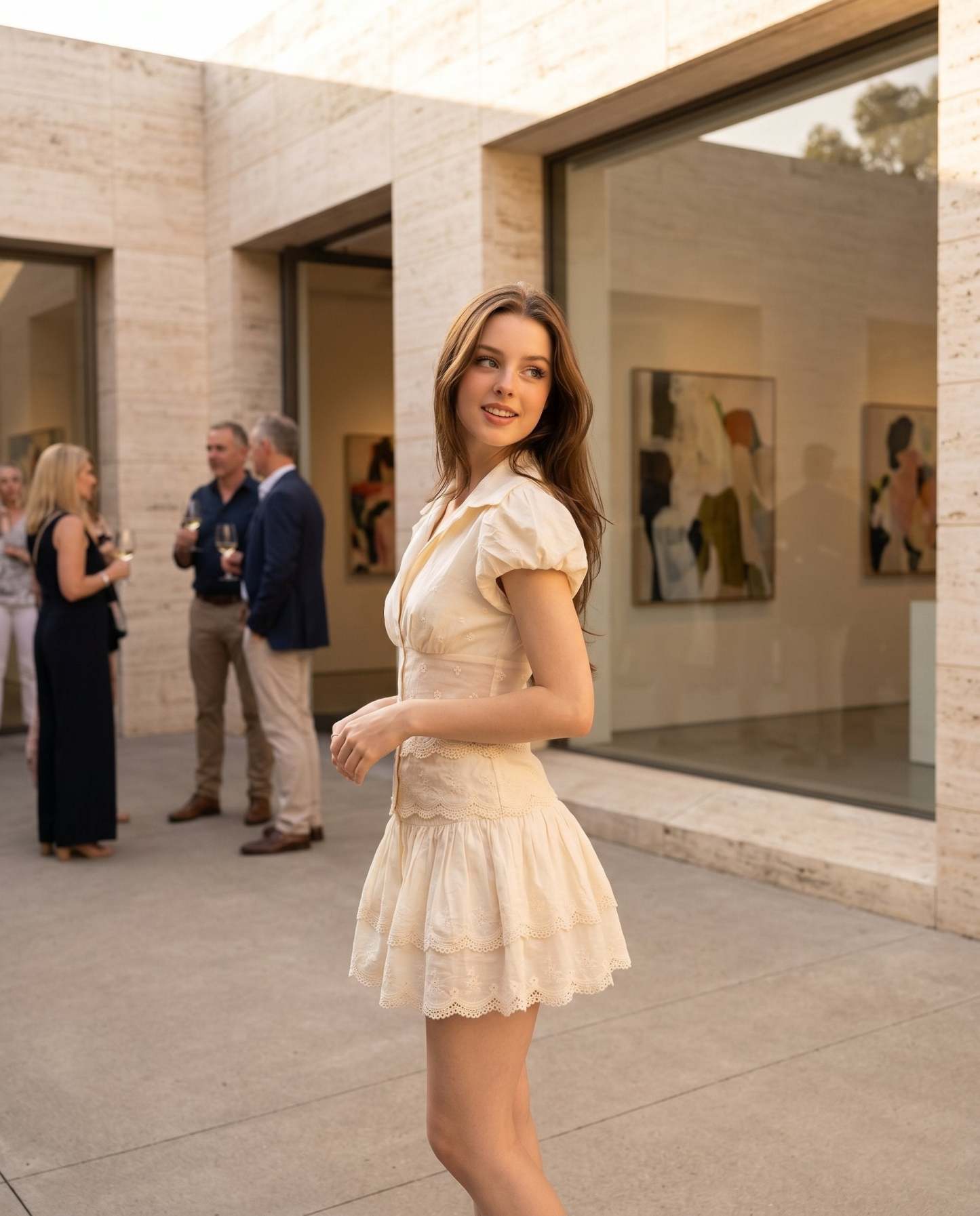 Ivory Gleam Wedding Guest Lace Mini Dress Ivory Mini Dress with Cropped silhouette and Textured texture, editorial ecommerce scene for Wedding Guest, a polished coastal brunch, Summer current summer selling: vacation, resort dinner, wedding guest, festiva by rovole