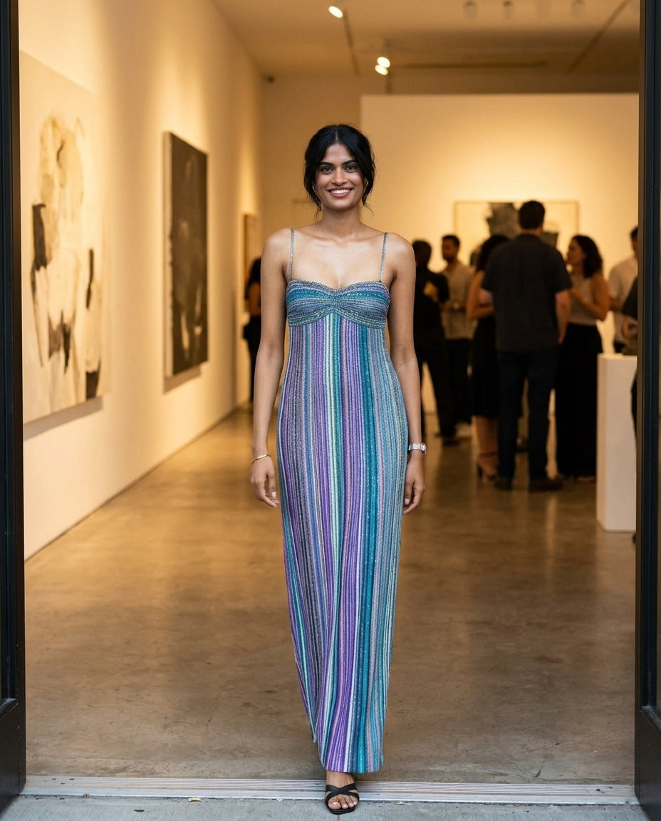 Blue Velvet Wedding Guest Striped Maxi Dress Blue Maxi Dress with Flowing silhouette and Ribbed Knit texture, fabric and construction detail for Wedding Guest, a rooftop dinner in LA, Summer current summer selling: vacation, resort dinner, wedding guest, by rovole