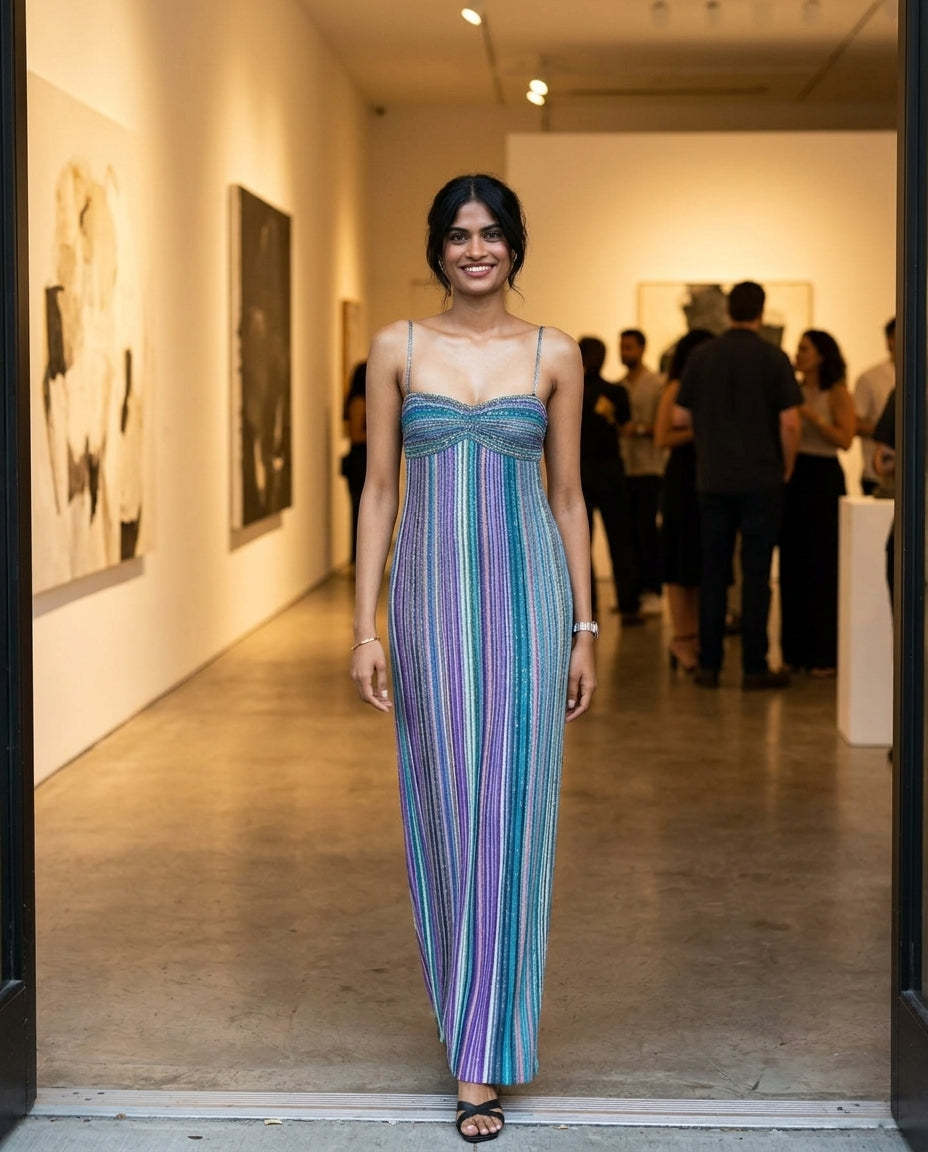Blue Velvet Wedding Guest Striped Maxi Dress Blue Maxi Dress with Flowing silhouette and Ribbed Knit texture, fabric and construction detail for Wedding Guest, a rooftop dinner in LA, Summer current summer selling: vacation, resort dinner, wedding guest, by rovole
