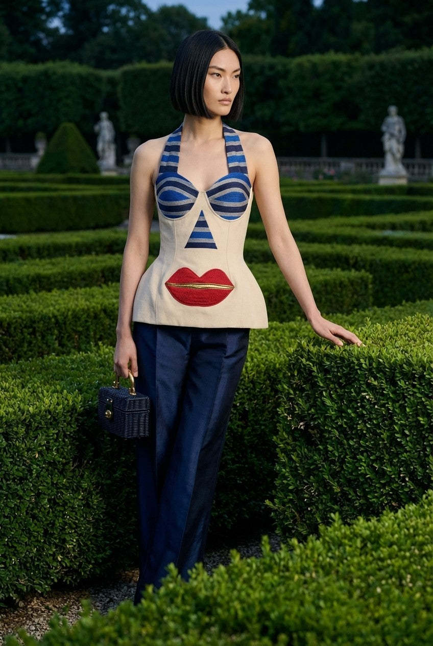 Women's Surrealist Embroidered Halter Blouse and Wide Leg Pants Set