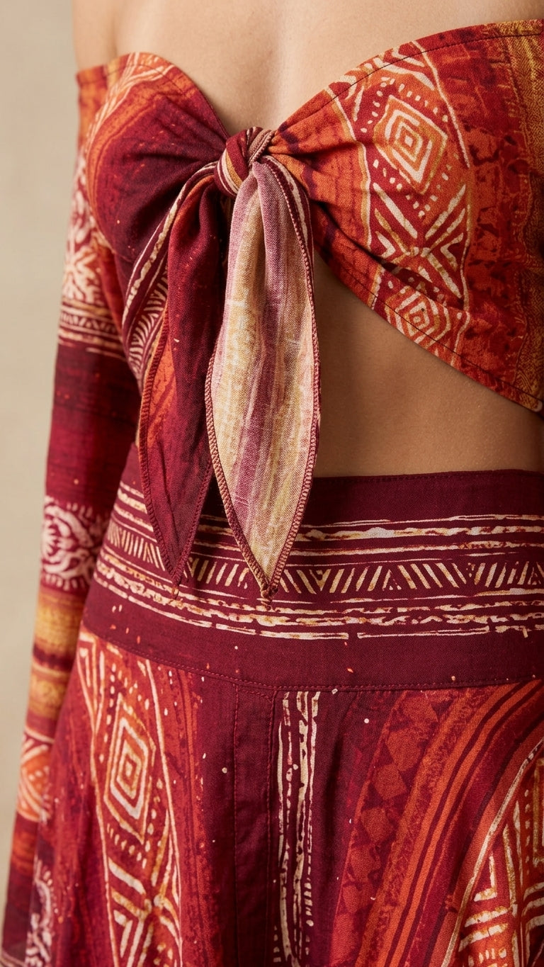 Red Muse Wedding Guest Printed Skirt Set Red Skirt Set with Cropped silhouette and Textured texture, additional styling view for Wedding Guest, Brunch in SoHo, Summer current summer selling: vacation, resort dinner, wedding guest, festival weekends, and w by rovole