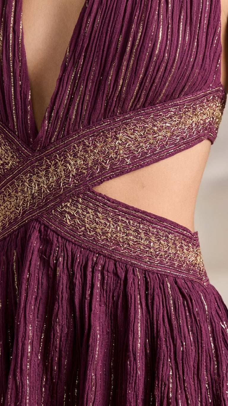 Plum Grace Wedding Guest Tiered Maxi Dress Plum Maxi Dress with Relaxed Fit silhouette and Textured texture, additional styling view for Wedding Guest, a gallery opening in Paris, Summer current summer selling: vacation, resort dinner, wedding guest, fest by rovole