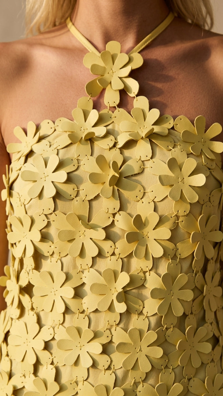 Butter Yellow Charm Wedding Guest Embroidered Mini Dress Butter Yellow Mini Dress with Asymmetric silhouette and Textured texture, additional styling view for Wedding Guest, a rooftop dinner in LA, Summer current summer selling: vacation, resort dinner, w by rovole