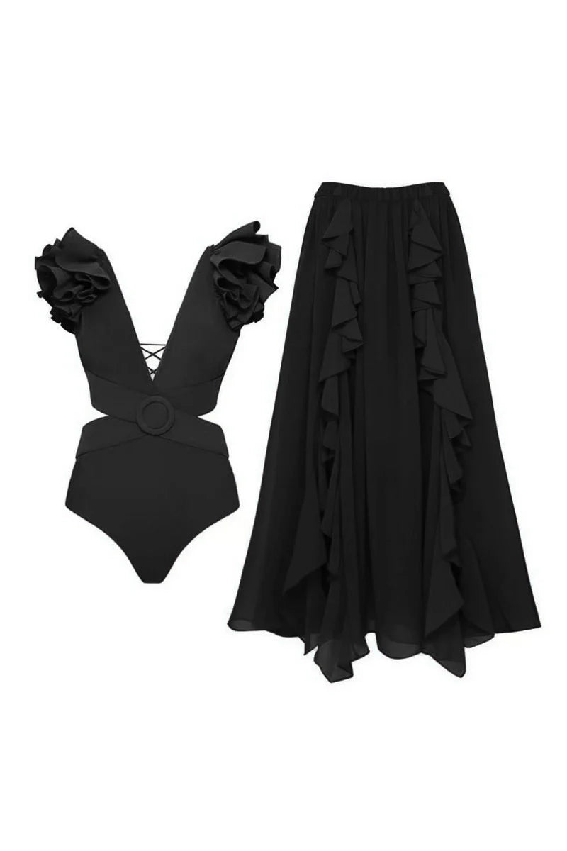 3D Floral Shoulder Detail Hollow Black Set-ROVOLE